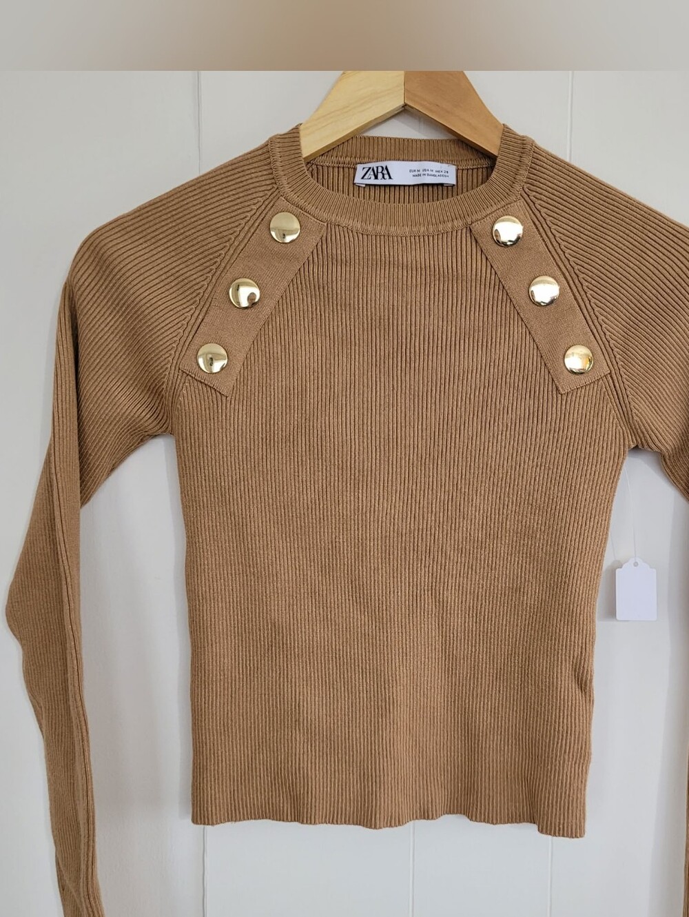 Zara Medium Camel Ribbed Knit Button Detail Sweater
